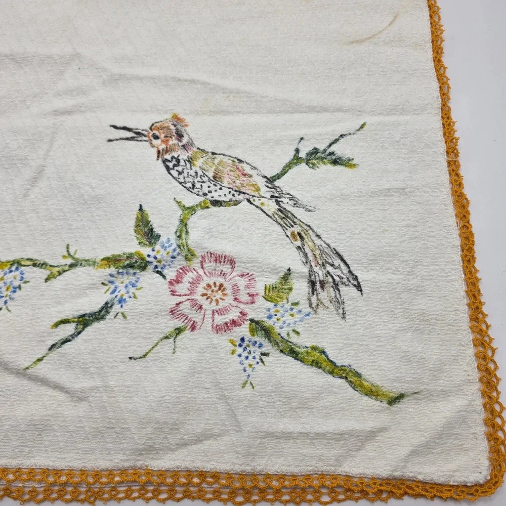 Handmade Dresser Scarf Runner White Hand Painted Bird Floral Lace Vintage Decor
